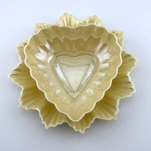 Belleek Ireland Parian China Heart Bowl and Fluted Plate Set Lustre Glaze‎ Ivory